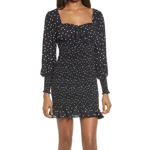 Row A Polka Dot Smocked Long Sleeve Mini dress black white ruffle new XL X-Large